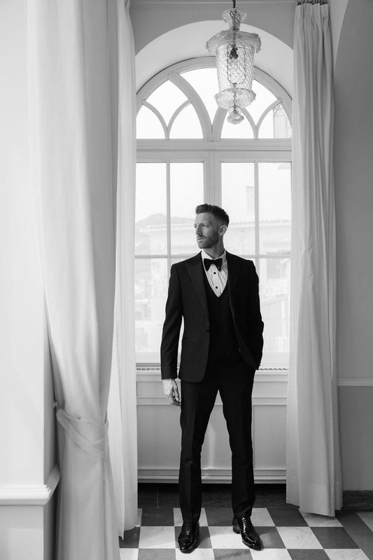 Newcastle United Footballer Mark Gillespie wearing the "Edward" Tuxedo Three Piece Suit